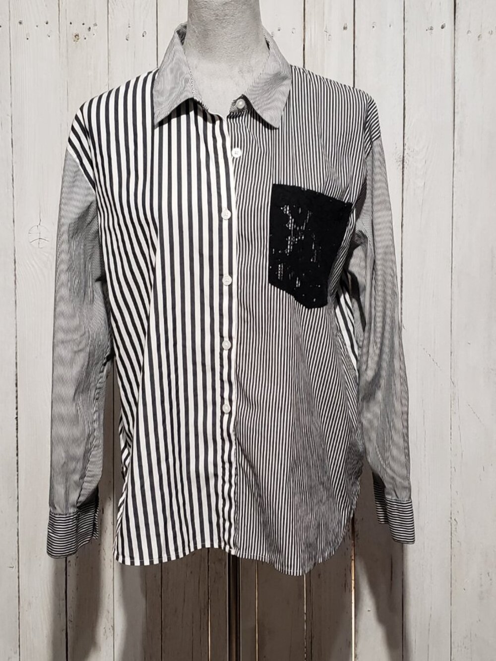DKNY Patchwork Mix Print Top L Office Preppy Monochrome Witchy Goth Alt Moody LS - Picture 2 of 8